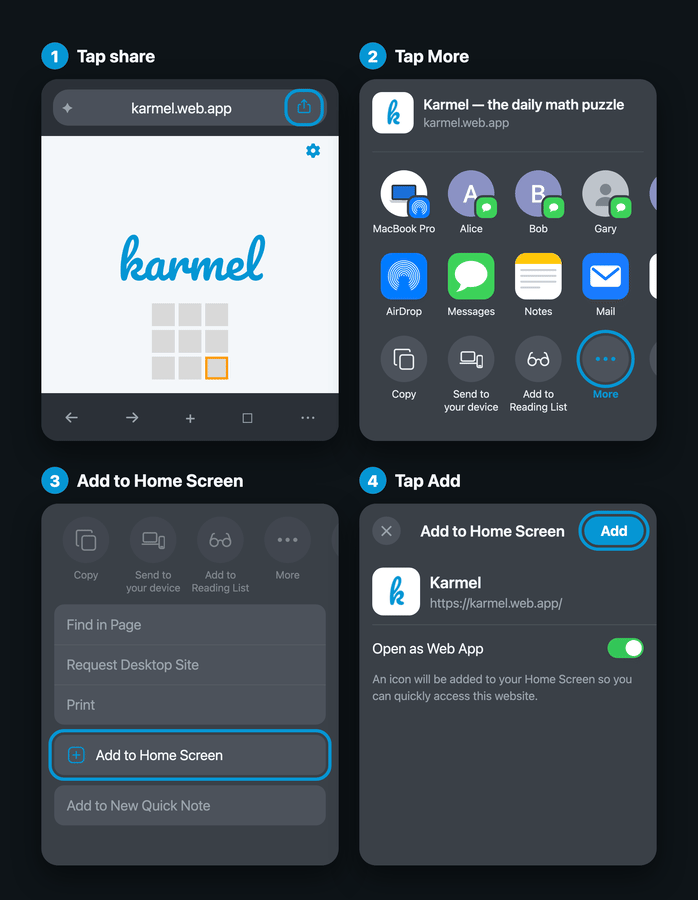 Installing Karmel from Safari on iOS in four steps: tap the share button beside the address bar, tap More at the end of the share sheet, choose Add to Home Screen, then tap Add.
