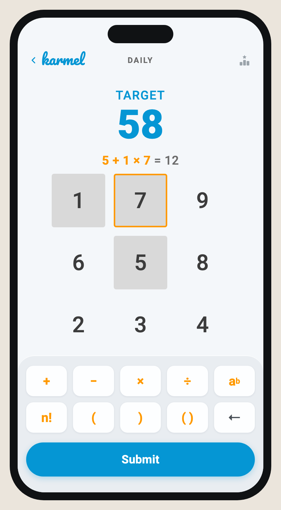 The Karmel daily puzzle on a phone: a target of 58, a part-built expression, and a grid of nine digits