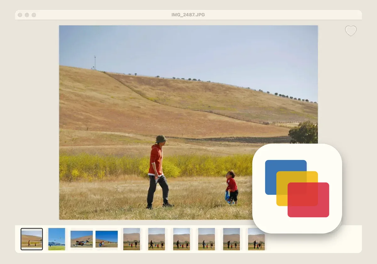 Sift showing a photograph of an adult and a child walking a dry golden hillside, the app icon at the corner