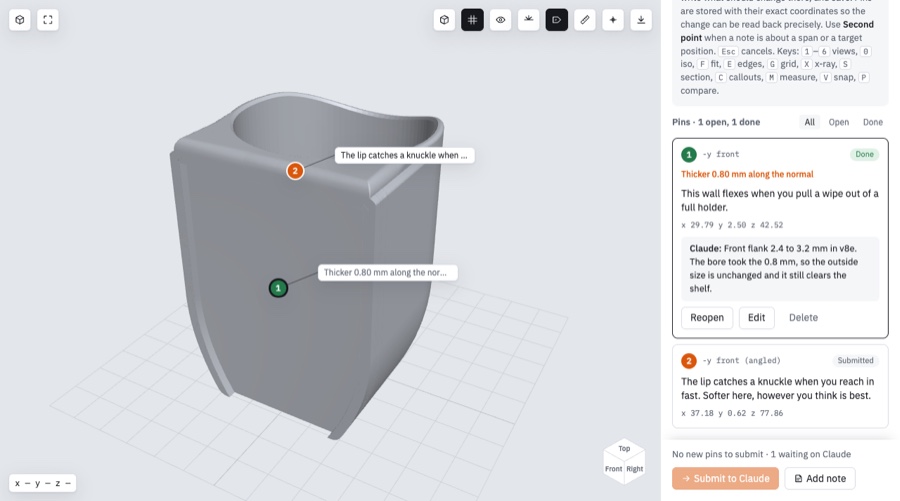 The STL Review viewer: a 3D part with two numbered pins, beside a panel of pinned comments and Claude's reply