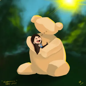 A drawing of Nhi hugging Bearl, the giant teddy bear sculpture at UC San Diego