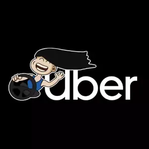 A cartoon of Nhi hanging off the Uber logo